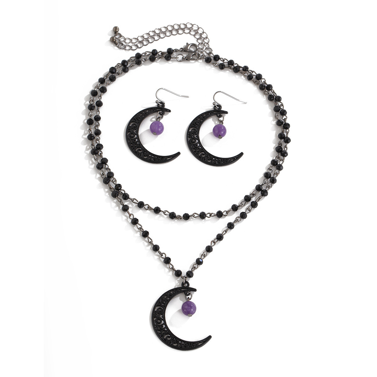 Crystal Bead Chain Sweet Cool Gothic Style Hollow Moon Pendant Necklace