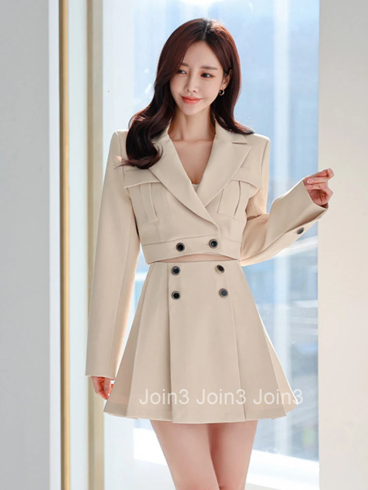 Spring Autumn 2 Pieces Outfits Suits Women Formal Short Cropped Tops Coat Blazer Suit High Waist Mini Skirt Street Clothes Set