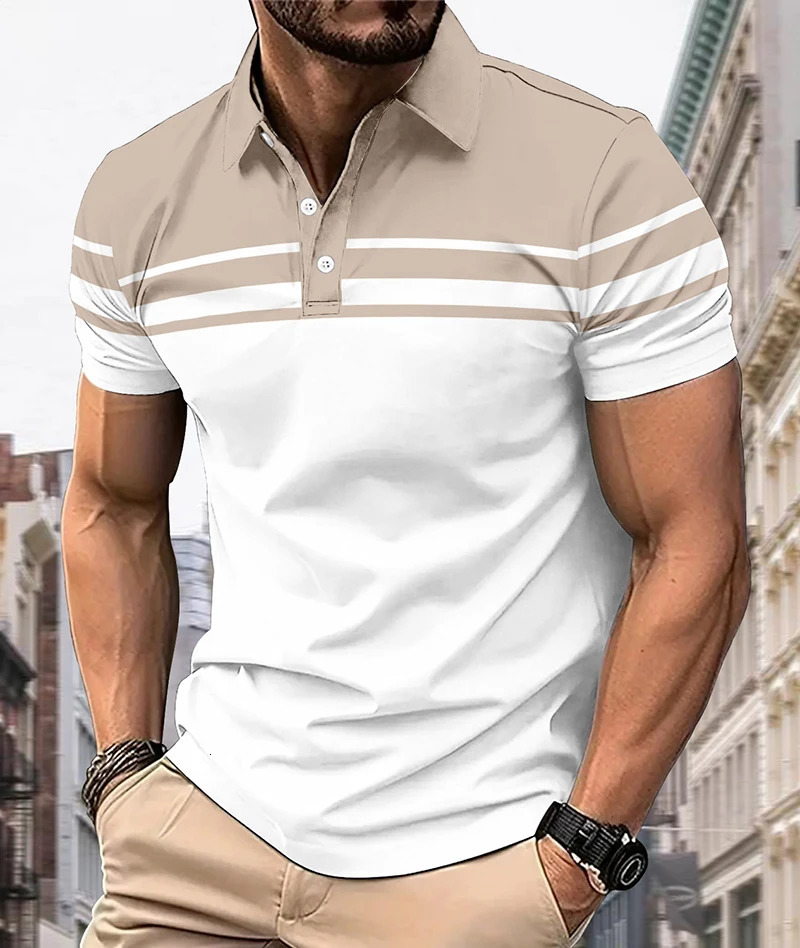 Fashionable mens summer polo casual lapel button with personalized stripe print can be used as a gift and machine washed 250618