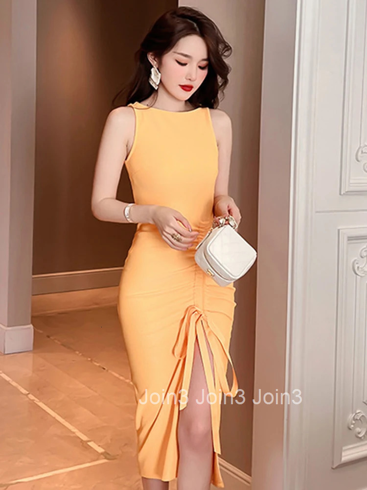 New Korean Women Evening Dress Temperament Casual Yellow Sexy Tank Folds Slit Midi Party Prom Vacation Robe Femme Mujer Vestidos