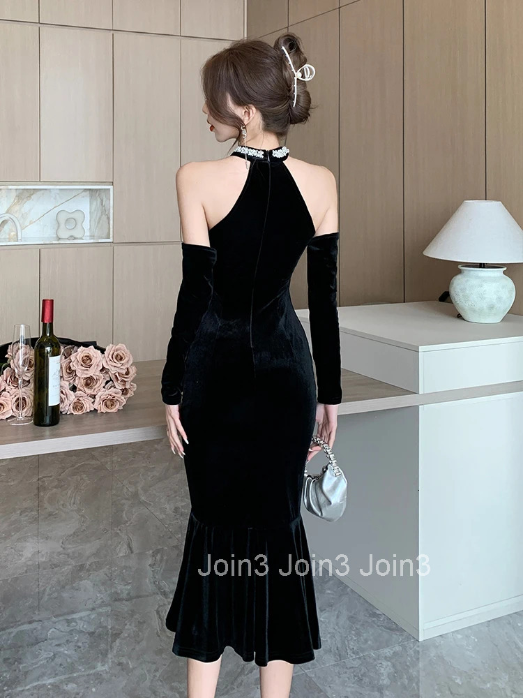 New Fashion Black Velvet Evening Dress Women Clothes Elegant Sexy Off-Shoulder Skinny Midi Robe Party Club Prom Vestidos Fiesta