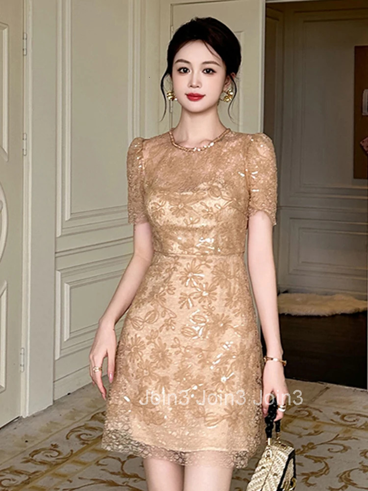 Elegant Vintage Lace Sequin Summer Fashion A-Line Short Dress Women Clothing Sweet O-Neck Slim Mini Party Prom Vestidos Fiesta