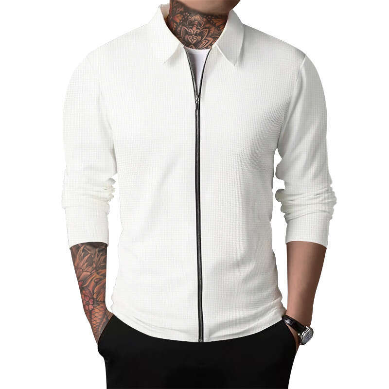 Cross-border Cardigan Men Autumn New Zipper Coat Casual Men's Long Sleeve Turn-down Collar Waffle Jacket