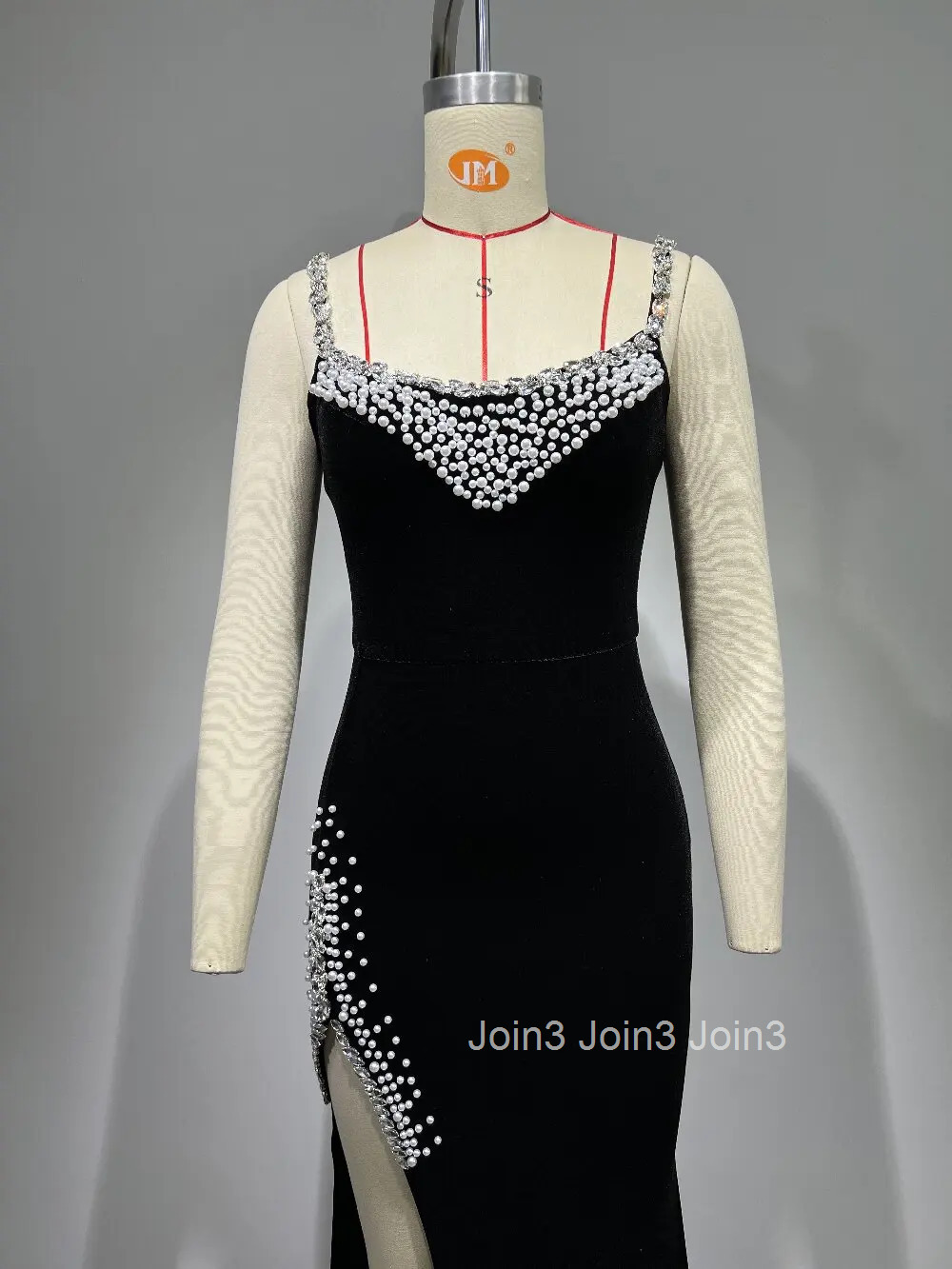 Black V-Neck Simple Bubble Bead Sleeveless Embroidered Diamonds Split Sling Dress Womens Clothing Elegant Evening Dinner Gown