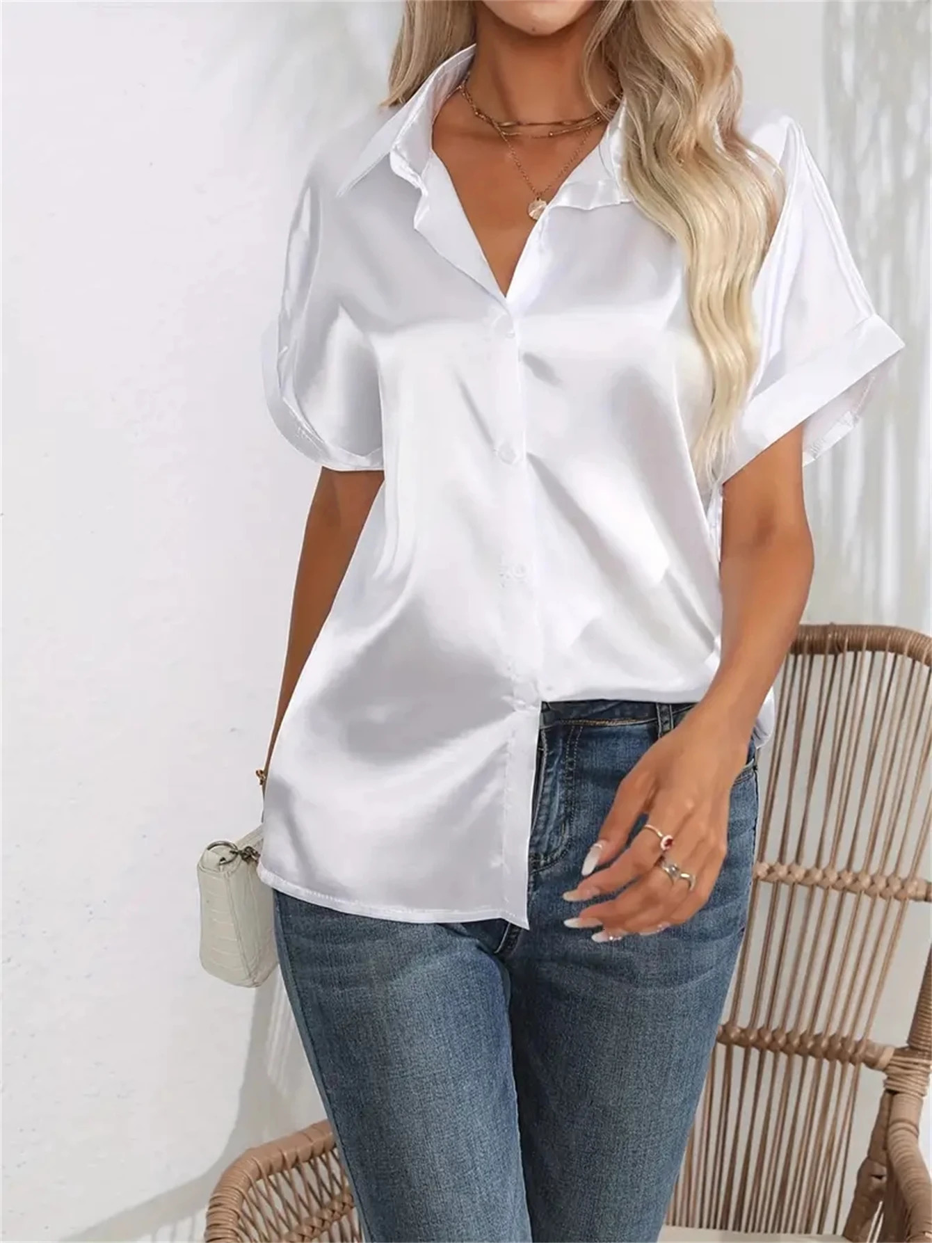 Casual Turn-Down Collar Button Front Solid Color Short Sleeved Satin Shirt Women Summer Blouse 250617