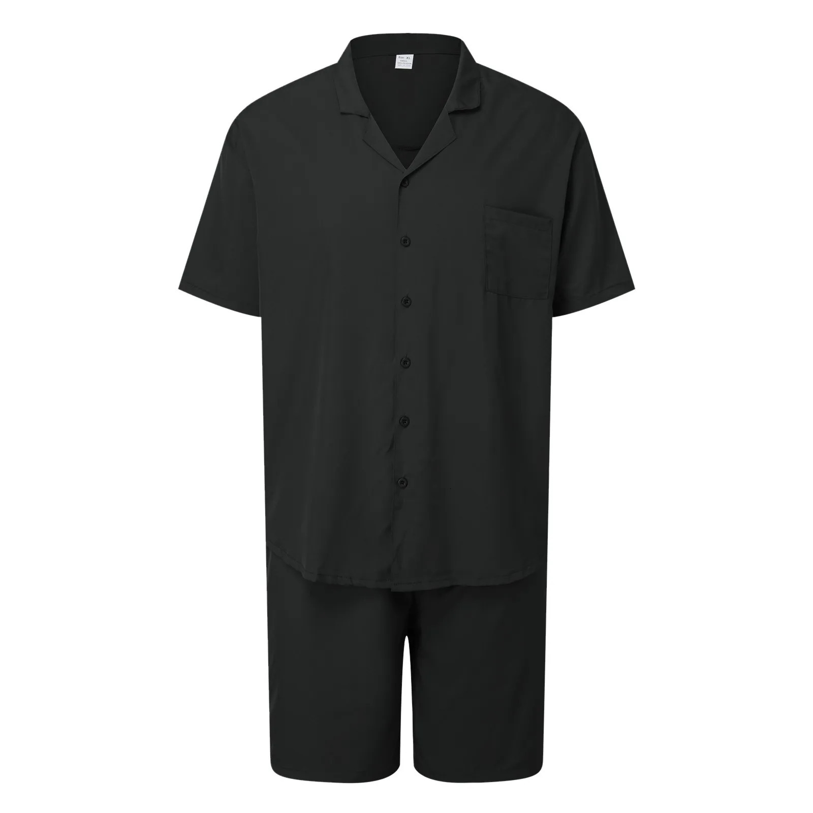 Mens Short Sleeve Shorts Two Piece Set Solid Color Button Down Beachwear Summer Loose-Fit Cardigan Tops Shorts Male Outfit 250617
