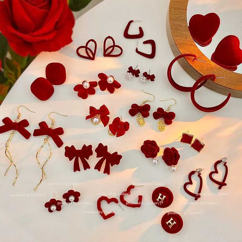 KADRUFI Vintage Red New Christmas Flocking Earrings for Women Bow-knot C-She Pearl Rhinestone Drop Earring Jewelry Party GiftXJ250623