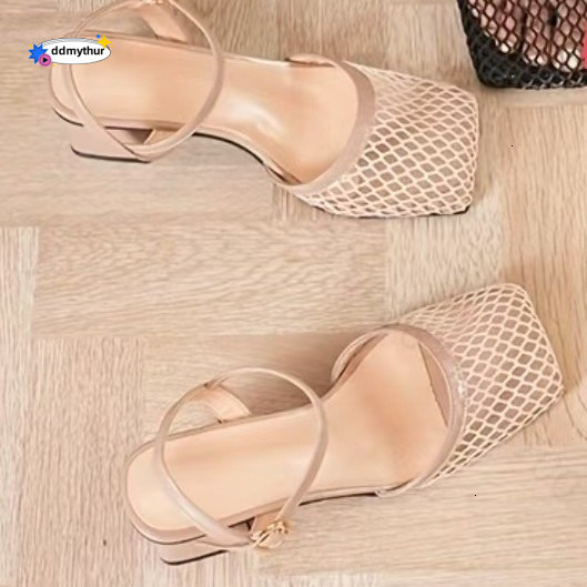 Trendy New Spring/Summer Square Toe Fishnet Hollow Buckle Chunky High Heel Plus Size Women's Sandals ddmythur