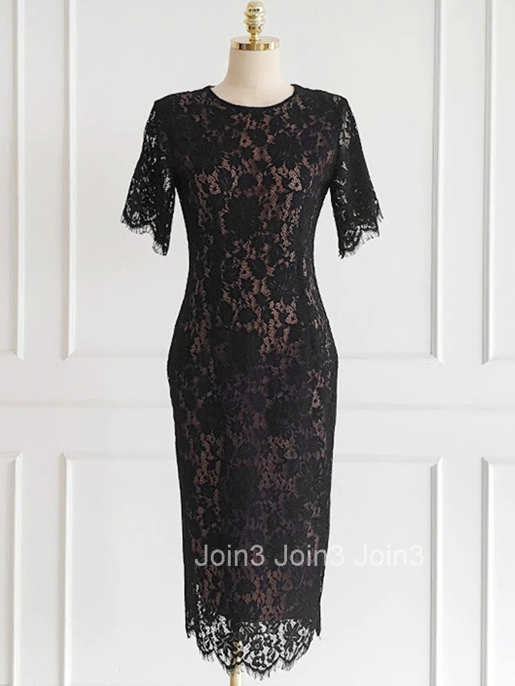 Fashion Summer Lace Dress Women Elegant Ladies Solid O-Neck Short Sleeve Slim Wrap Hip Midi Party Mujer Vestidos Street Clothes