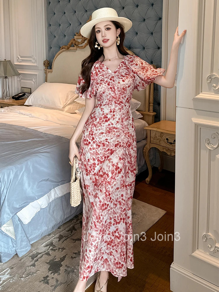 Summer Elegant Satin Floral Print A-Line Dress Women Clothes Casual Vintage Puff Sleeve Drawstring Slim Maxi Long Robe Vestidos