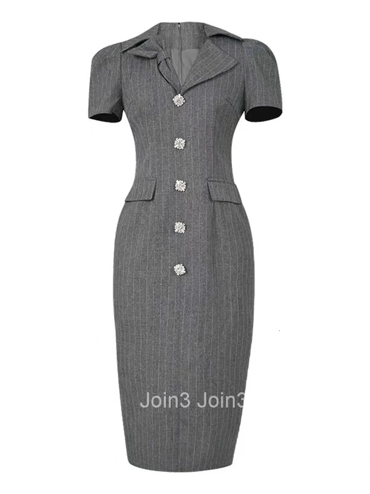Summer Retro Gray Striped Formal Occasion Dress Women Clothes Commute Elegant Office Lady Short Sleeve Slim Midi Pencil Vestidos