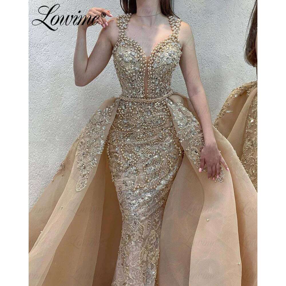 Champagne Beaded Formal Ocn Arabic Evening Dresses Customized With Detachable Skirt Crystal Prom Dress