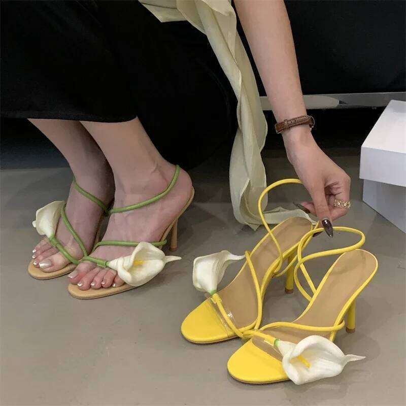 Eilyken Sexy PVC Transparent Flower Narrow Band Women Sandals Street Style Open Toe Thin High Heels Party Prom Shoes