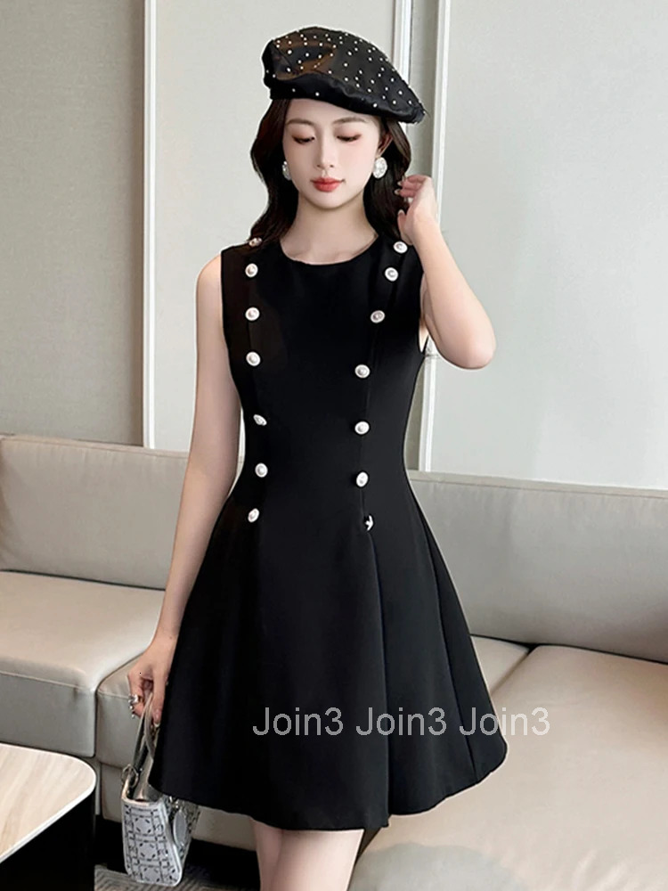 Women Clothes Commute Retro Black O-Neck Sleeveless Slim Mini Short A-Line Dress Elegant Vestidos Formal Occasion Casual Summer