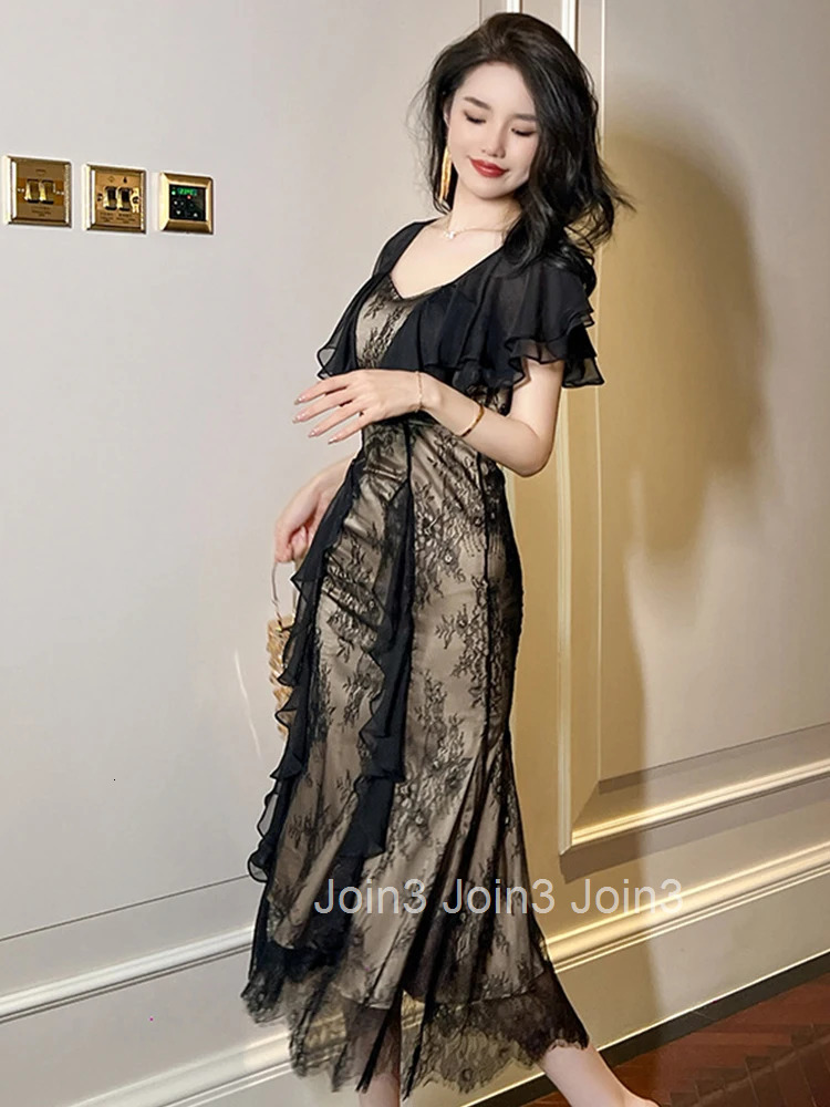 Summer Evening Dress Women Elegant Chic Lace Black Butterfly Sleeve Slim Midi Party Club Mujer Robe Femme Vestido Street Clothes