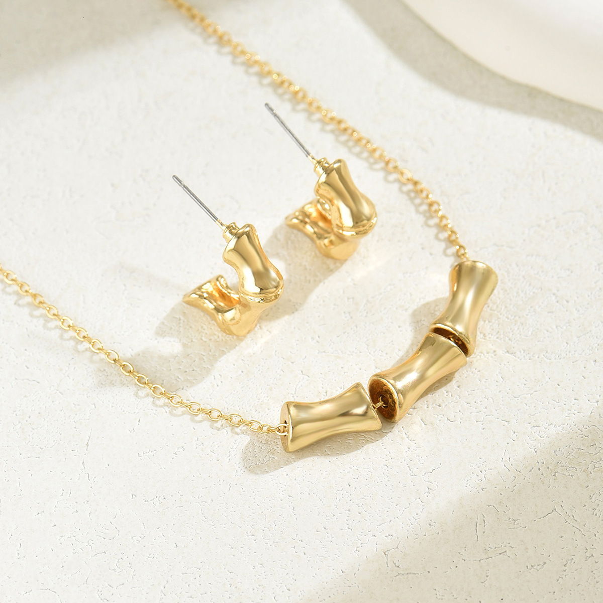 Minimalist Japanese Korean Style Necklace And Earring Set, Bamboo Knot Personality Design Stud Earrings Necklace, Women's Jewelry