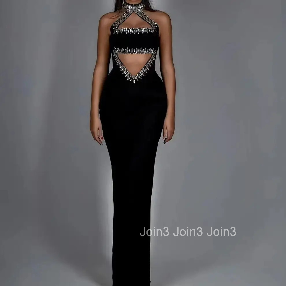 Chic Womens Clothing Sexy Hollow Backless Neck-Mounted Luxury Diamonds Decoration Sleeveless Celebrity Vestidos Black Bandage D