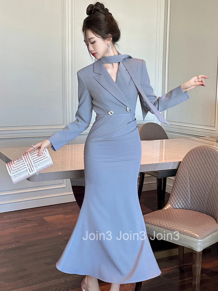 Women Clothes Business Formal Occasion Long Sleeve Slim Midi Fishtail Dress Elegant Ladies Fashion Vestido Robe Femme Spring New