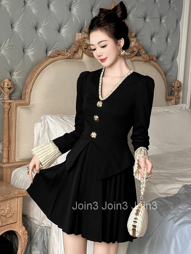 Women Clothes Formal Occasion Black Fake 2-Piece V-Neck Slim Pleated Mini Short Dress Elegant Fashion Party Vestido Casual Sweet