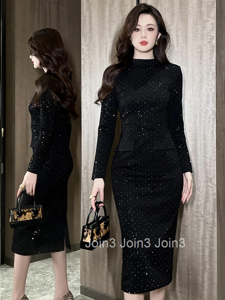 Women Clothes Formal Occasion Black Sparkly O-Neck Slim Midi Pencil Dress Elegant Fashion Party Vestido Casual Autumn Winter New