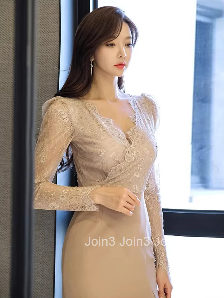 New Fashion Lady Fake 2 Pieces Formal Pencil Dress Women Clothes Mujer Elegant Office Sheer Sexy V-Neck Slim Midi Party Vestidos