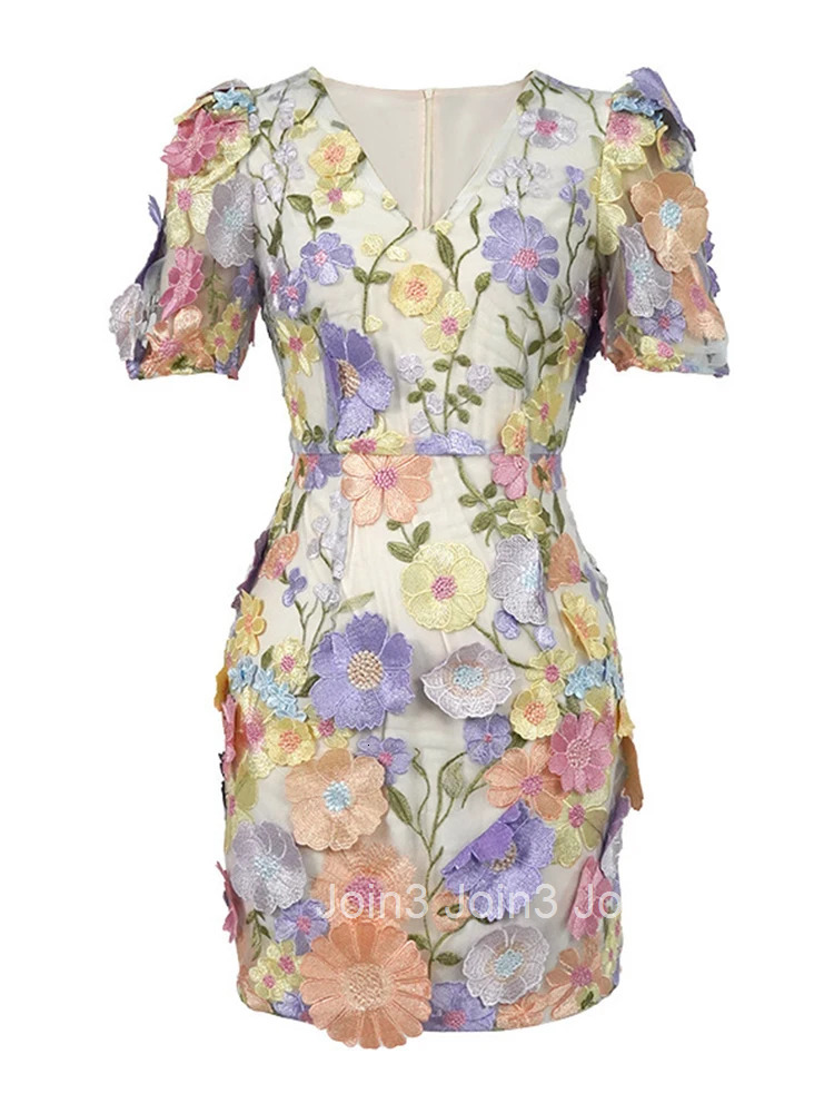Summer Fashion Embroidered Flower Short Evening Dress Women Clothes Sweet Sexy V-Neck Slim Vacation Party Prom Vestidos Fiesta