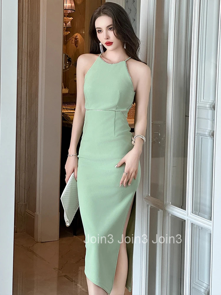 Fashion Summer Evening Long Dress Women Elegant Luxury Sexy Strap Slim Slit Midi Party Prom Birthday Mujer Vestidos Robe Femme