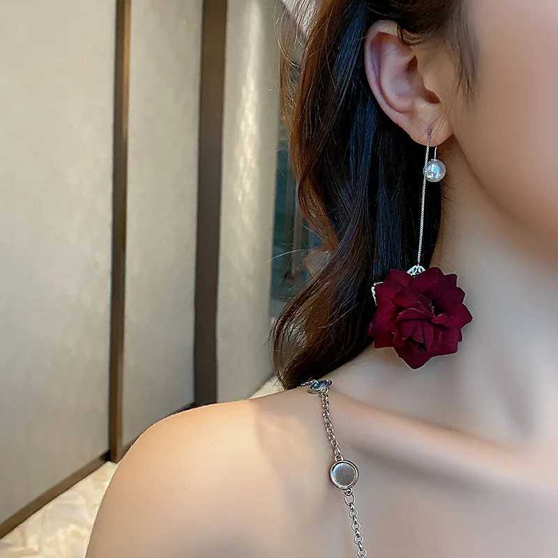 Dominate Big Rose Tassel Drop Earrings for Women Temperament Red Flower Simulated Pearl Earrings Girls Wedding Party Jewelry XJ250623