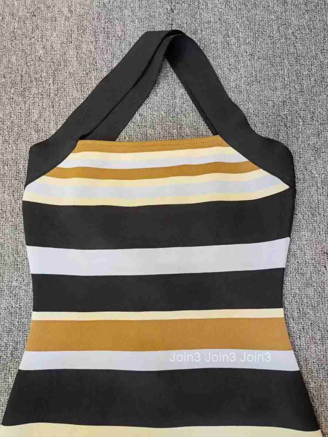 Womens Clothing Fashion Bandage Dress Colorful Striped Casual Neck-mounted Vestidos Sleeveless Backless Vacation Wear Summer