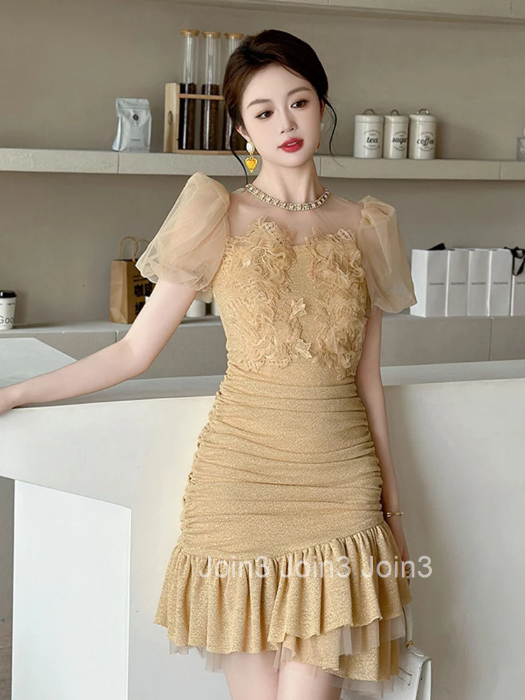 Summer Fashion Bright Silk Sparkly Gold Evening Dress Women Clothes Sweet Mesh Sheer Sexy Bubble Sleeve Slim Party Prom Vestidos