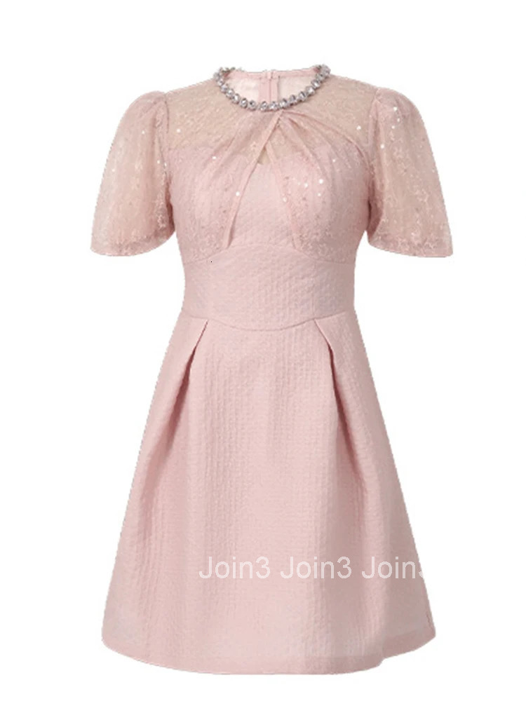 Women Clothes Sweet Pink Lace Sheer Sexy O-Neck Slim A-Line Mini Short Dress Elegant Ladies Fashion Evening Party Prom Vestidos