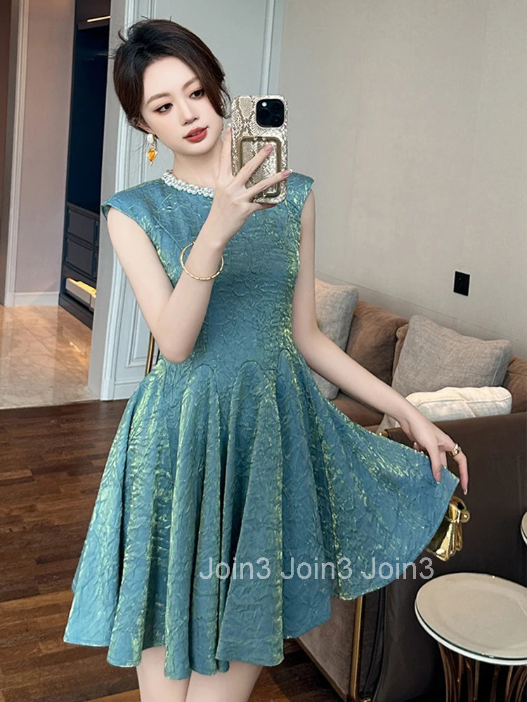 Women Clothes Vintage Sparkly Gold Sleeveless Slim A-Line Mini Short Dress Elegant Luxury Evening Party Prom Vestidos Casual New