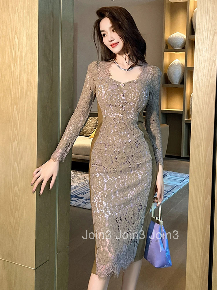 New Spring Fashion Lady Work Style Commute Vintage Lace Dress Women Clothing Elegant Office Square Collar Slim Wrap Hip Vestidos