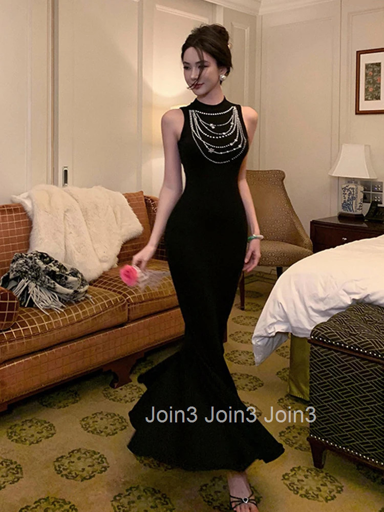 French Style Party Dress Women Luxury Elegant Black Sexy Vest Bodycon Long Fishtail Robe Female Evening Prom Vestidos Dance Host