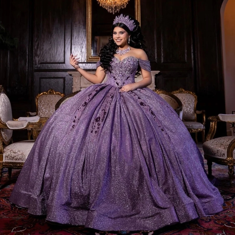 Purple Shiny Ball Gown Quinceanera Dresses Glitter Lace Applique Beading Crystal Bow Tull Sweet 16 Dress Vestidos De 15 Anos