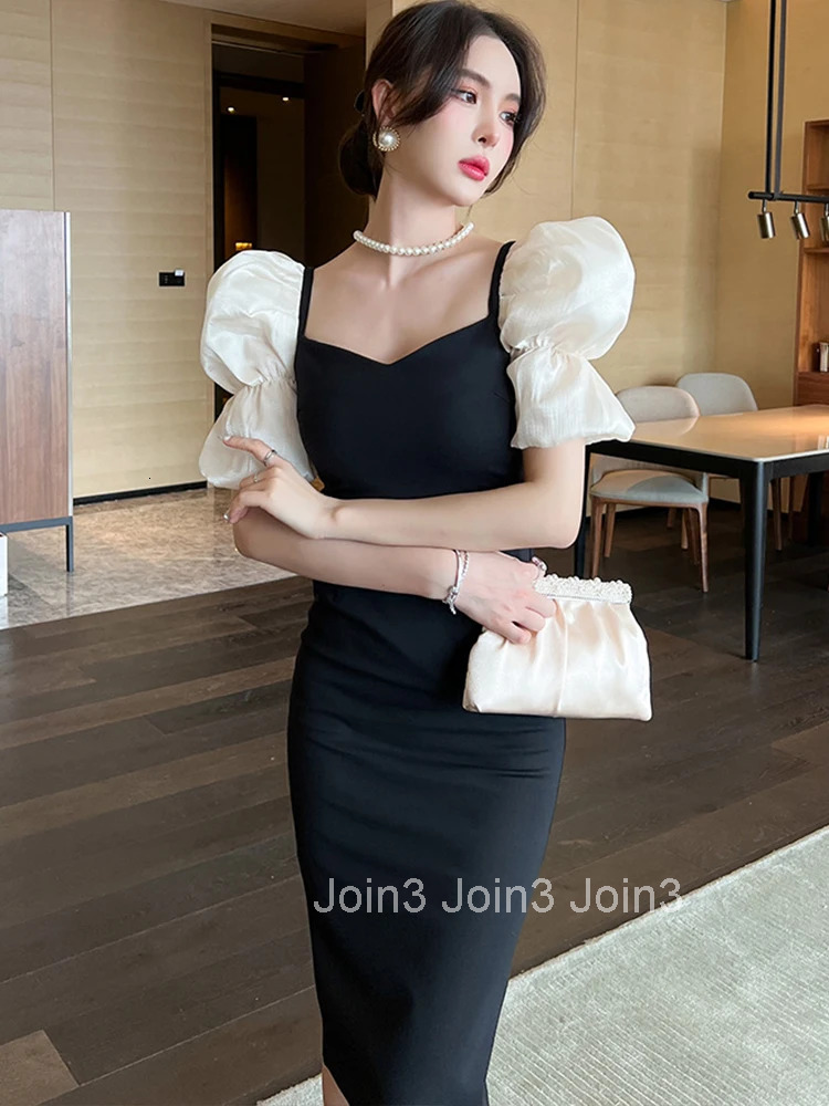 Fashion Korean Elegant Women Evening Dress Black Temperament Vintage Square Collar Slim Slit Midi Party Club Femme Mujer Vestido