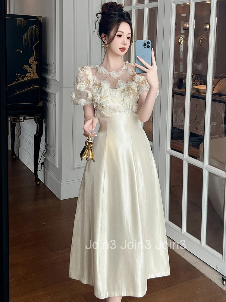 Summer Casual Sheer Sexy O-Neck Evening Dress Women Clothes Sweet Floral Puff Sleeve Slim Midi A-Line Robe Party Prom Vestidos