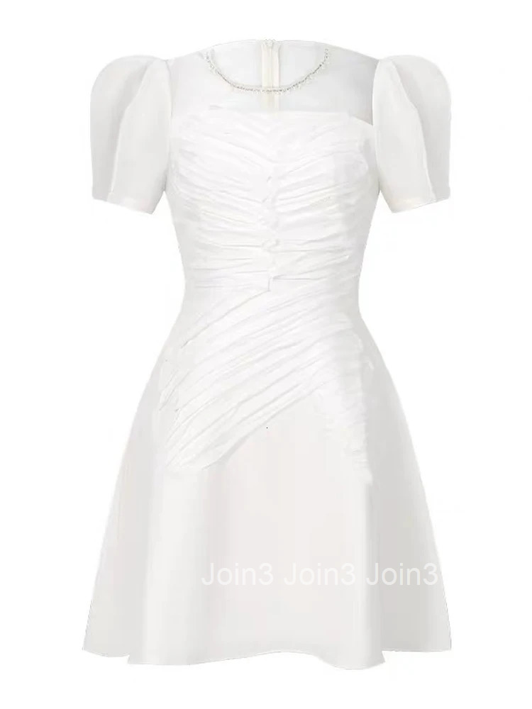 Summer Casual White Sweet Evening Dress Women Clothes Elegant Retro Sheer Sexy Puff Sleeve Slim A-Line Short Party Prom Vestidos