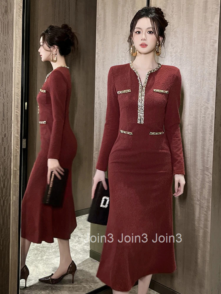 Women Clothes Retro Diamonds V-Neck Slim Midi Fishtail Dress Elegant Luxury Fashion Evening Party Prom Vestidos Robe Casual New