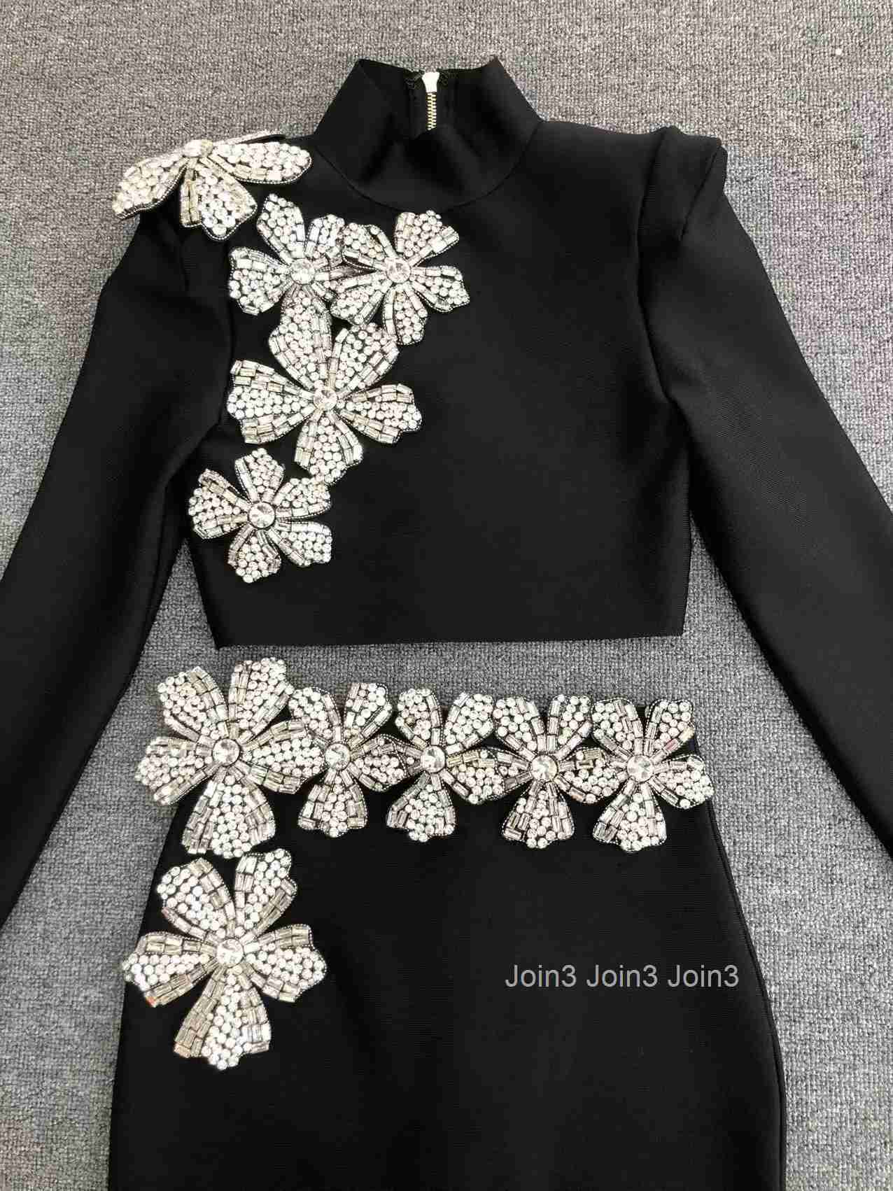 Hot Selling Fashion Women Half High Neck Long Sleeved Floral Diamond Short top Hip Wrapped Skirt Black Bandage Two-piece Sets