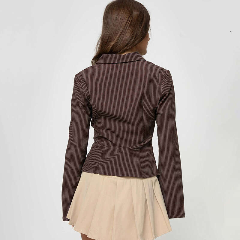 Elegant Commuter Style Turn-Down Collar Bell Sleeve Striped Shirt For Women, Designer Button-Up Cardigan, Slim Fit Waist-Cinching Top, New Arrival B5