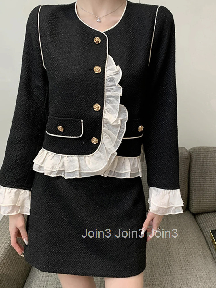 New Fashion Black Tweed 2 Pieces Outfit Women Ladies Sweet Ruffle O-Neck Coat Tops Jacket Outwear And Mini Skirt Mujer Short Set