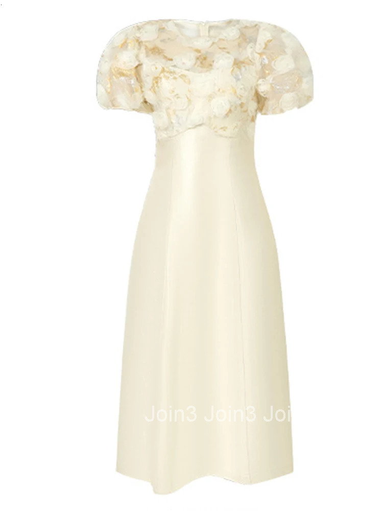 Summer Casual Sheer Sexy O-Neck Evening Dress Women Clothes Sweet Floral Puff Sleeve Slim Midi A-Line Robe Party Prom Vestidos