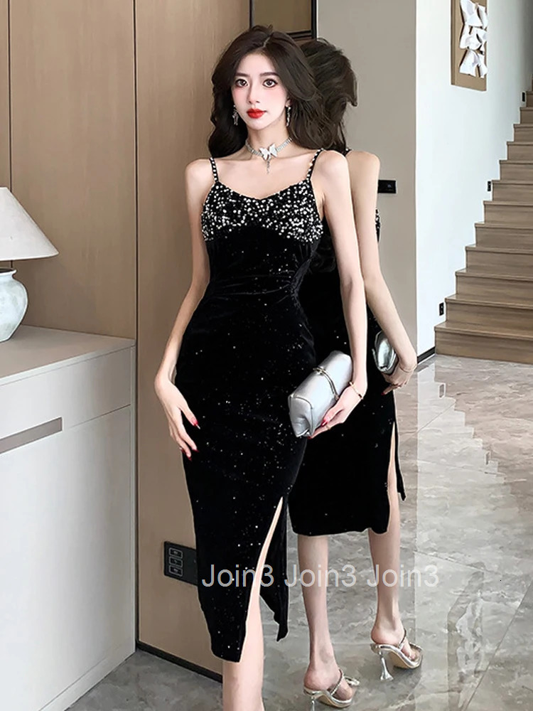 Fashion Lady Retro Velvet Sparkly Sequin Black Evening Dress Women Clothes Elegant Sexy Strap Slim Slit Party Club Prom Vestidos