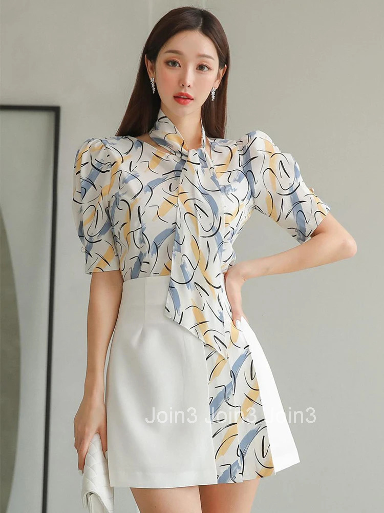 Summer 2 Pieces Outfits Women Elegant Print Short Sleeve Tops Shirt Blouse High Waist Mini Skirt Mujer Slim Set Street Clothes