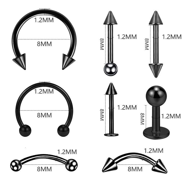 8PCSSet Fashion Piercing Set Eyebrow Bar Lip Tongue Nose Pircing Stainless Steel Ear Studs Mixed Body Jewelry 250613
