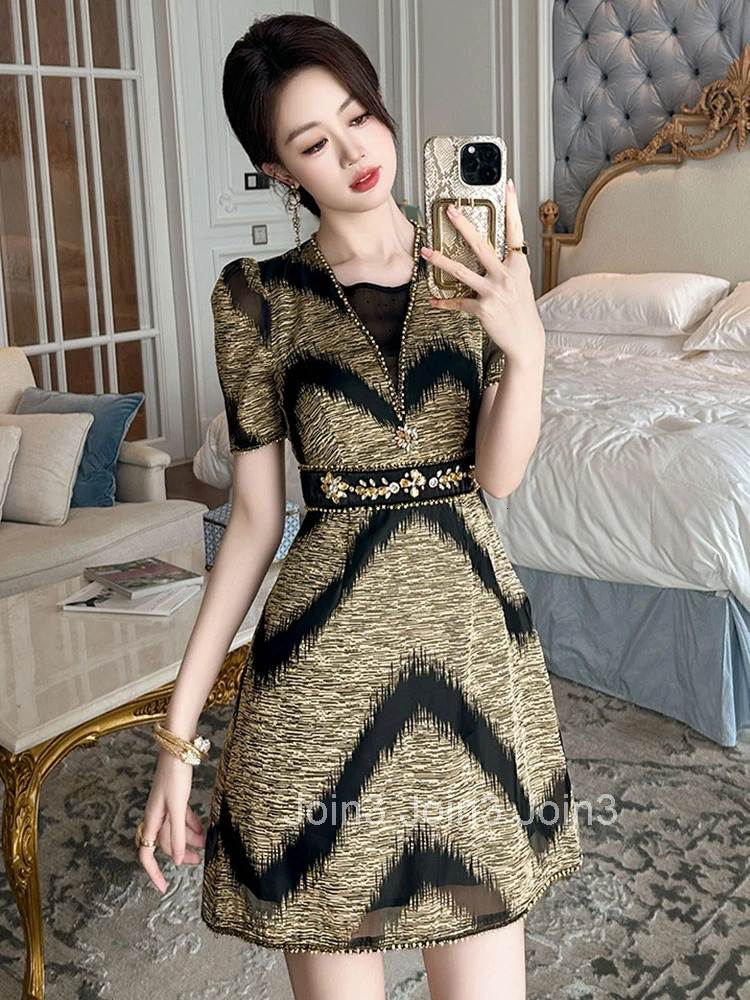 Women Clothes Vintage Sparkly Gold Short Sleeve Slim Short Dress Elegant Luxury Fashion Evening Party Prom Vestidos Casual New