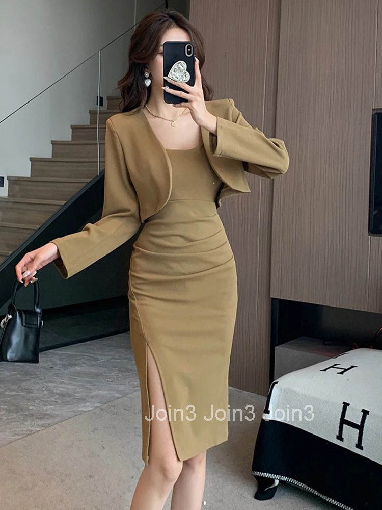 New Spring Autumn 2 Pieces Outfit Suits Women Ladies Clothes Elegant Short Jacket Coat Blazer And Strap Slim Midi Robe Dress Set