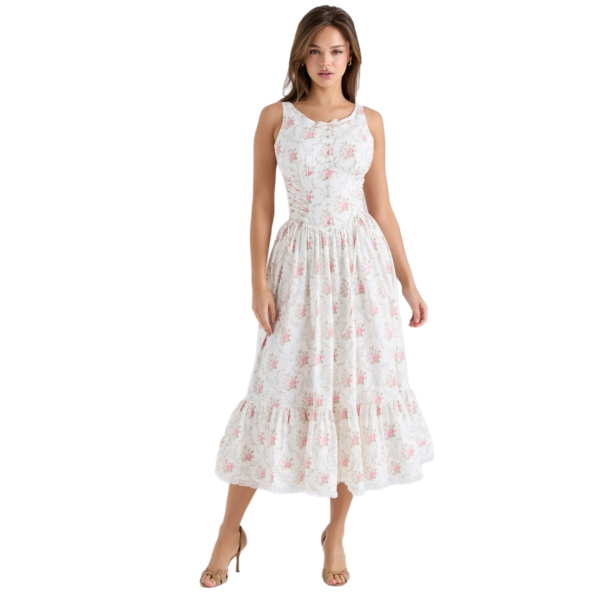 K623New Sweet Pink Floral Sling High Waist Slim Swing Dress