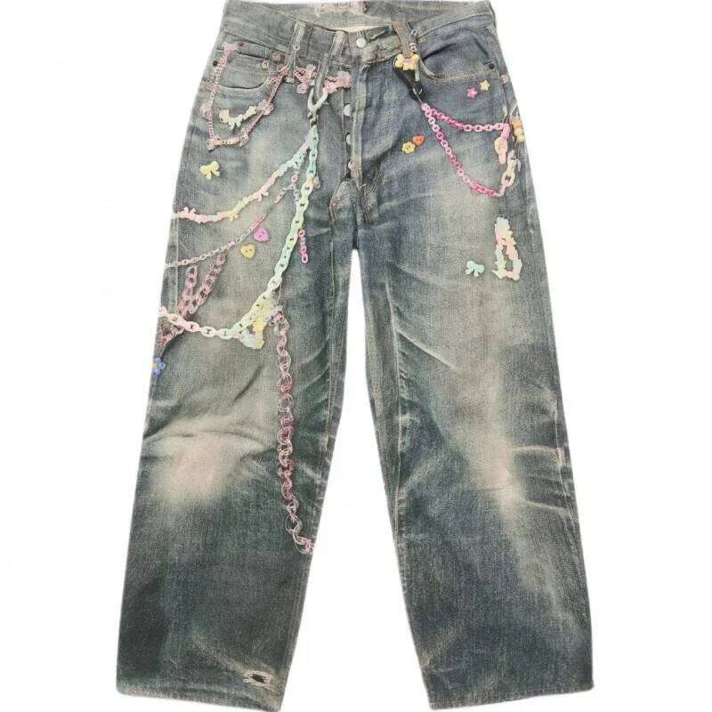 Wide Leg Denim Jeans Retro Candy Chain Print Unisex Spring Summer New Style Loose Low Waist Trousers For Couples